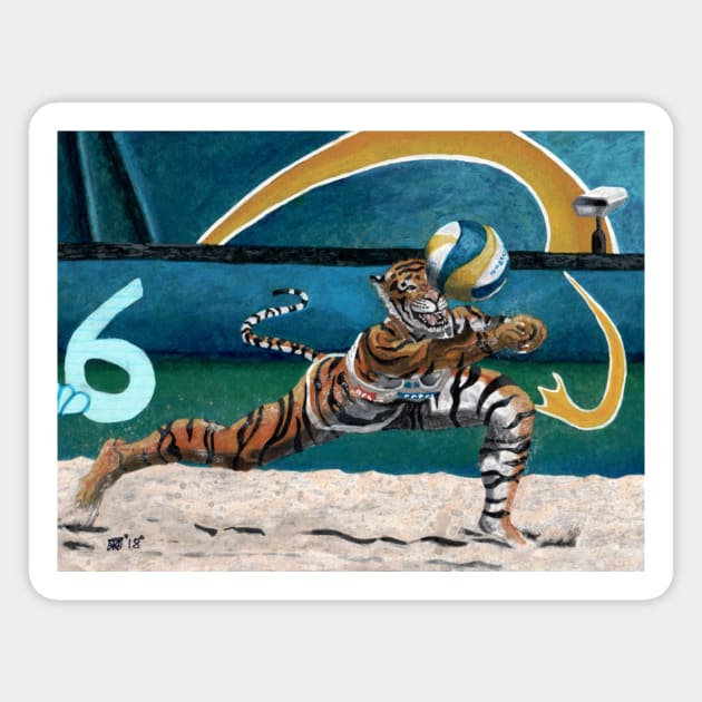Cat Warrior Playing Volleyball Fantasy Artwork Magnet by Helms Art Creations